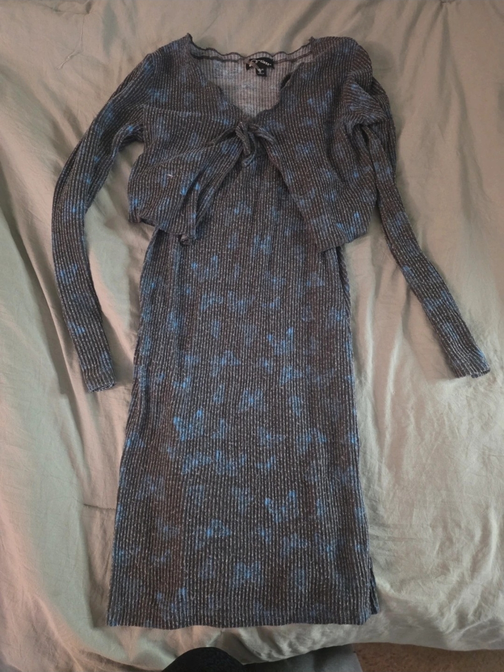 art class Blue-Gray Ribbed Tie-Front Midi Dress